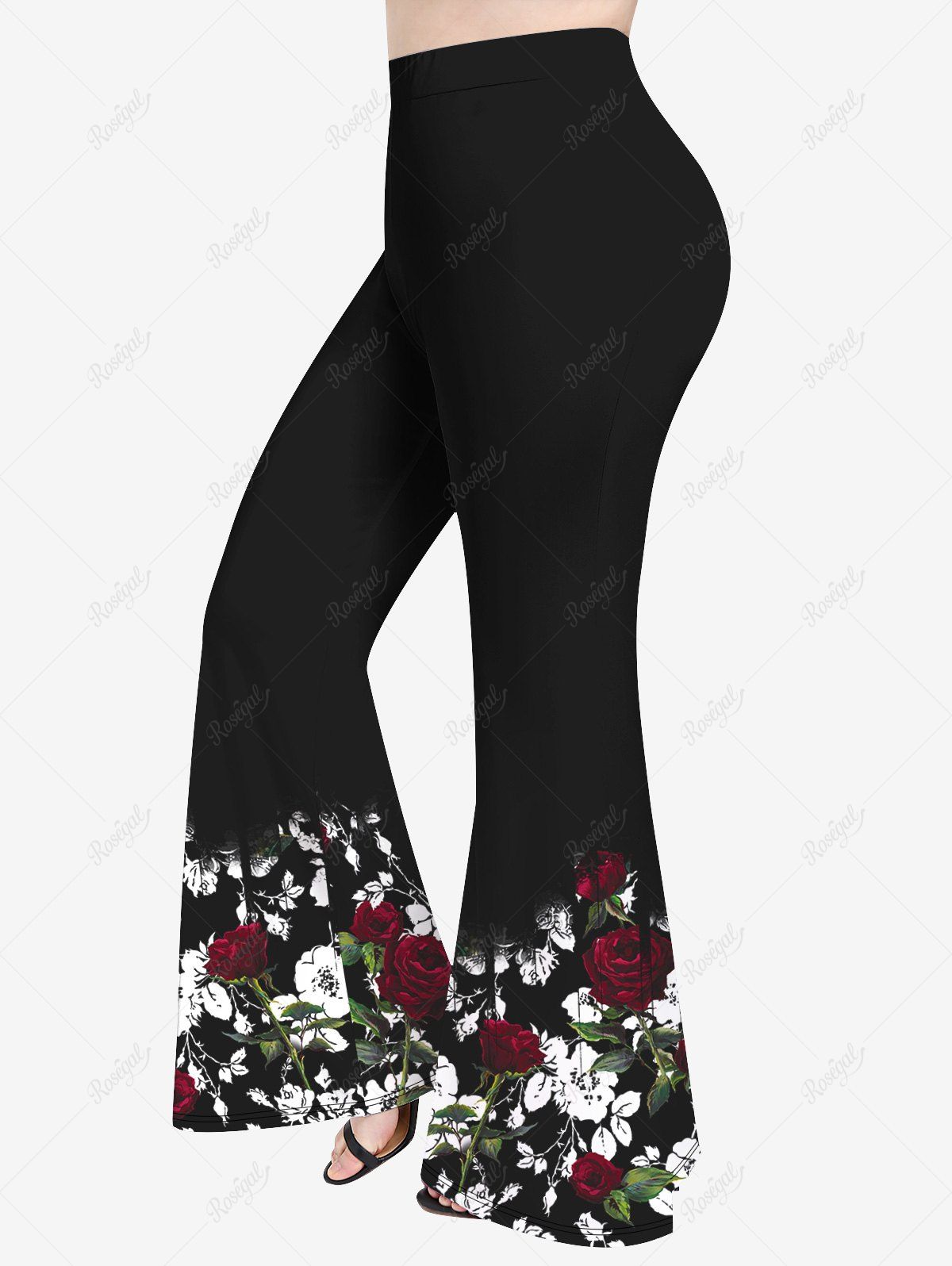 Affordable Plus Size Rose Leaves Print Flare Pants  