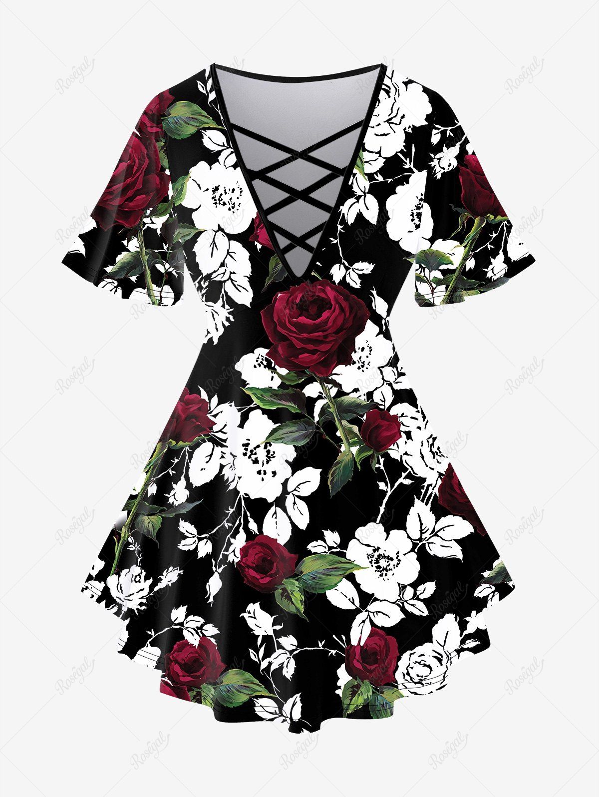 Shops Plus Size Rose Leaves Print Crisscross Short Sleeve T-Shirt  
