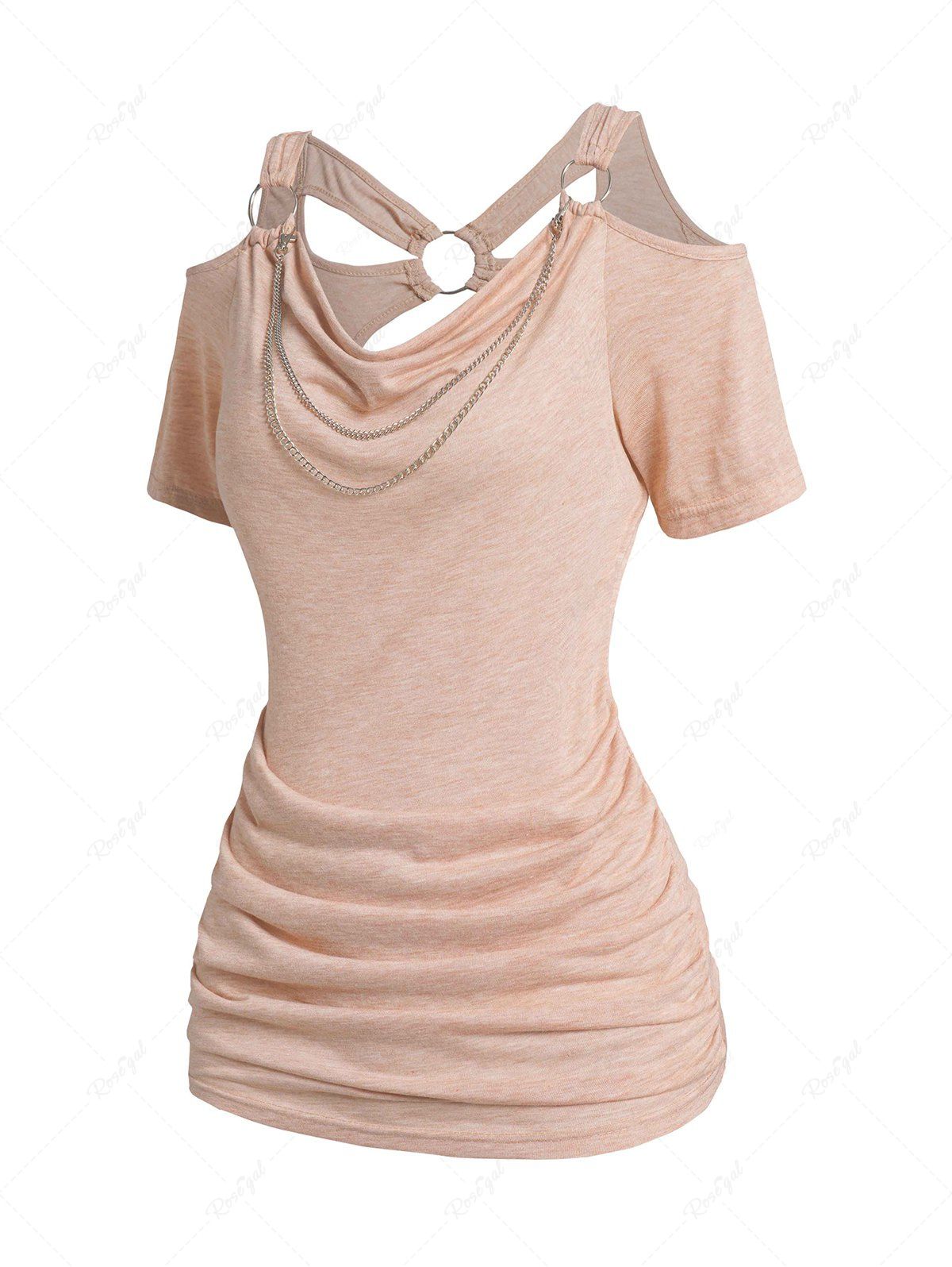 Sale Cowl Neck Draped Cold Shoulder Ruched Chain Embellishment Cut Out Heather T Shirt  