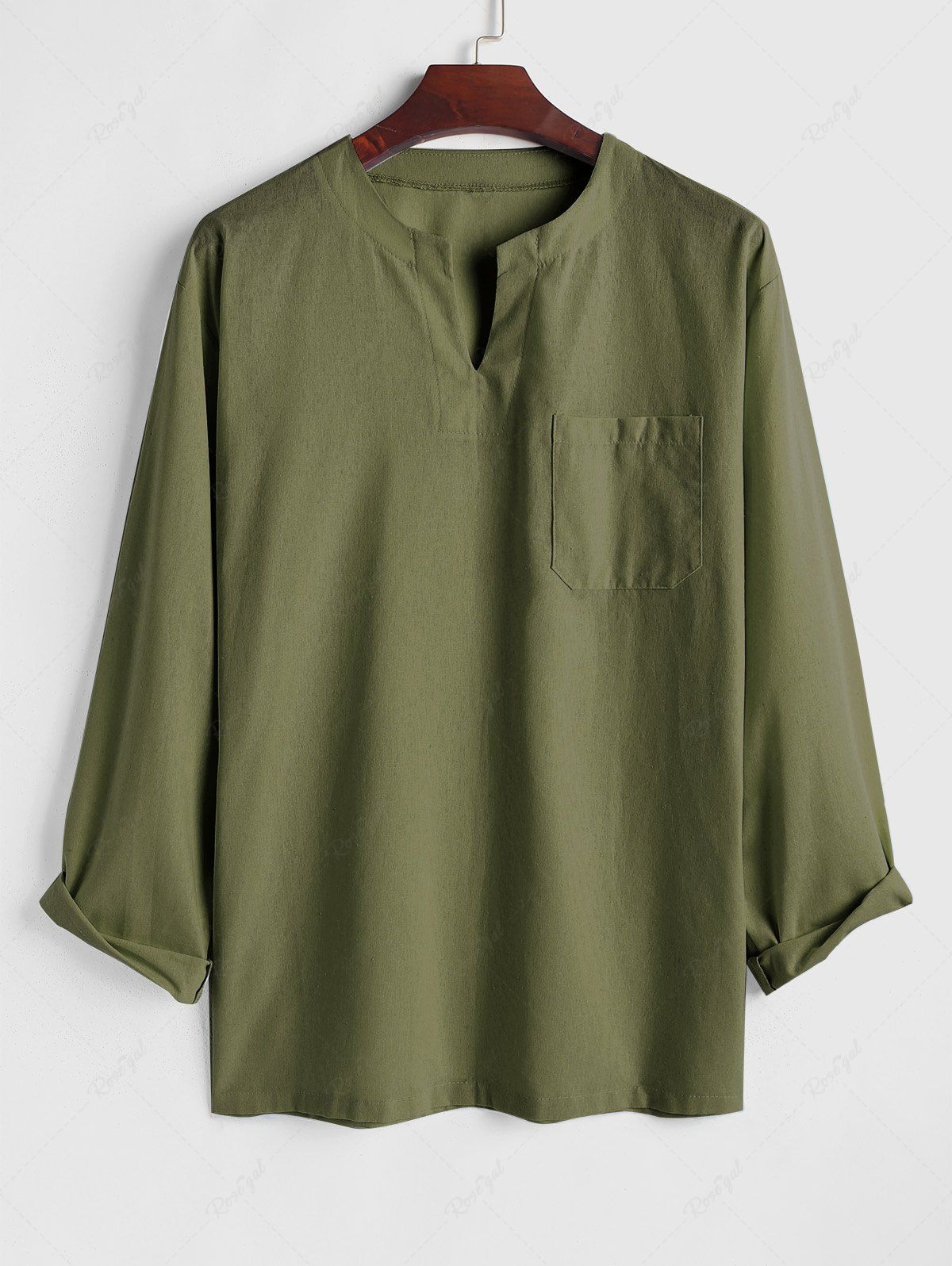 Unique Cotton and Linen Textured Front Pocket Long Sleeves Pullover Shirt  