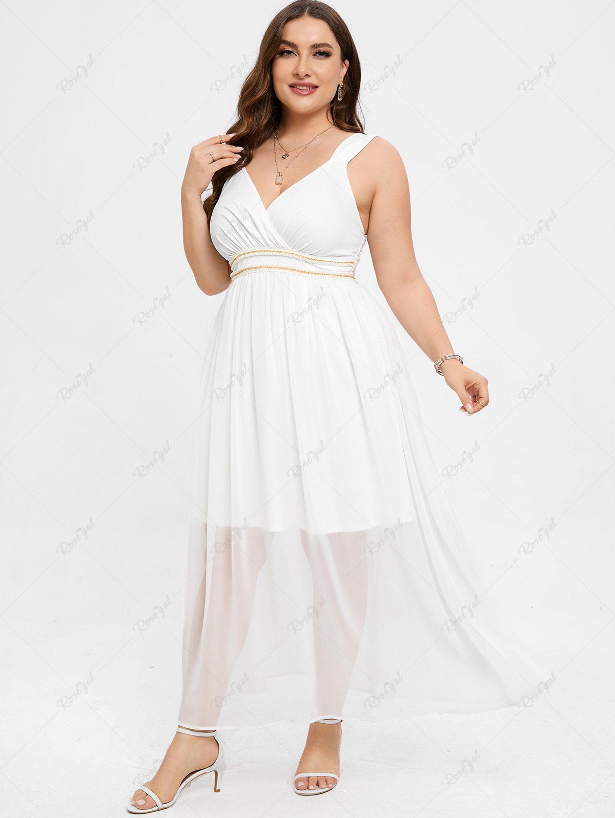 Outfits Plus Size Faux Pearls Embellished High Rise Surplice Maxi Party Wedding Dress  