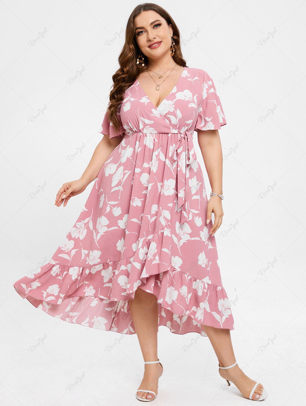 Robe Superposée 3D Fleur Imprimée de Grande Taille à Col V Rose clair 3X | US 22-24