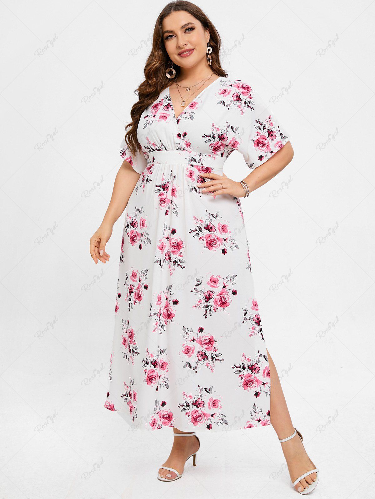 Unique Plus Size 3D Floral Leaves Printed High Waisted Surplice Dress  
