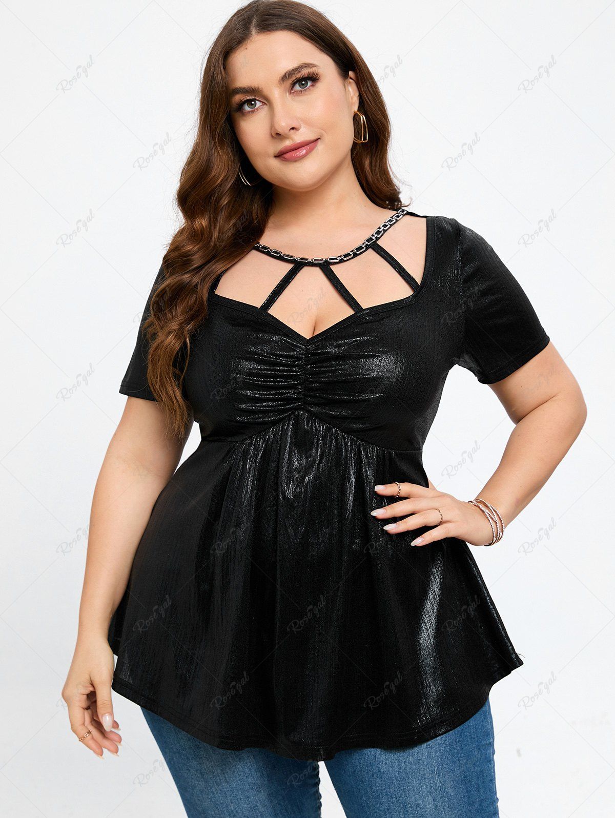 Chic Plus Size Short Sleeves Ruched Cutout Metal Tee  