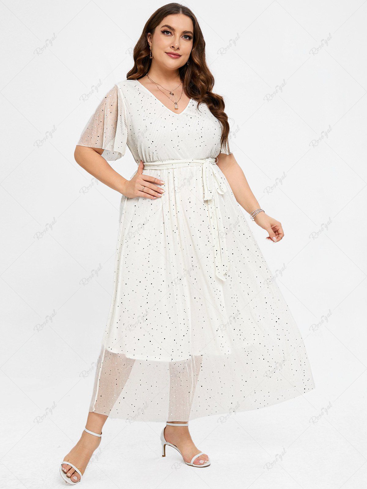 Unique Plus Size Sparkling Sequins Polka Dot Belt A Line Gown Dress  