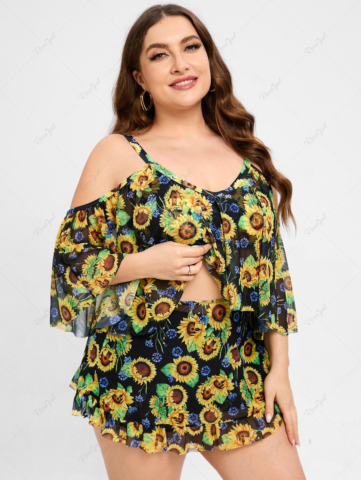Fashion Plus Size Sunflower Flounce Cold Shoulder Mesh Boyleg Tankini Three Piece Swimsuit  