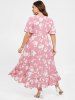 Plus Size 3D Flower Print Surplice V Neck Dress -  