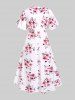 Plus Size 3D Floral Leaves Printed High Waisted Surplice Dress -  