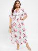 Plus Size 3D Floral Leaves Printed High Waisted Surplice Dress -  