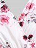 Plus Size 3D Floral Leaves Printed High Waisted Surplice Dress -  