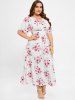 Plus Size 3D Floral Leaves Printed High Waisted Surplice Dress -  