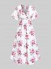 Plus Size 3D Floral Leaves Printed High Waisted Surplice Dress -  