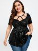 Plus Size Short Sleeves Ruched Cutout Metal Tee -  