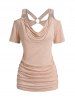 Cowl Neck Draped Cold Shoulder Ruched Chain Embellishment Cut Out Heather T Shirt -  