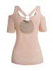 Cowl Neck Draped Cold Shoulder Ruched Chain Embellishment Cut Out Heather T Shirt -  