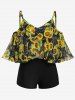 Plus Size Sunflower Flounce Cold Shoulder Mesh Boyleg Tankini Three Piece Swimsuit -  