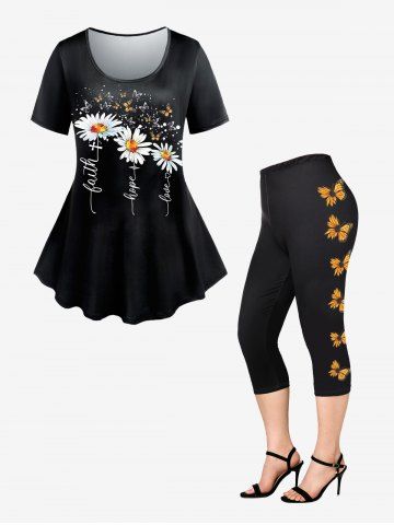 Sunflower Butterfly Printed Short Sleeves Tee and Capri Leggings Plus Size Outfits
