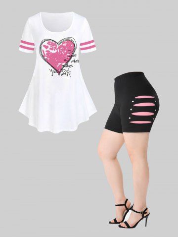 Heart Letters Printed Graphic Tee and Distressed Ladder Cutout Studded Shorts Plus Size Outfits - LIGHT PINK