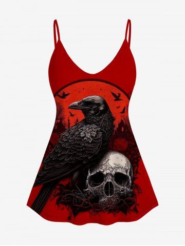 Gothic Cami Bird Skull Print Top (Adjustable Shoulder Strap) - RED - 1X | US 14-16