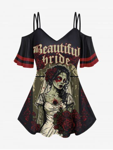 Gothic Flower Blood Bride Print Cold Shoulder T-Shirt - BLACK - 1X | US 14-16