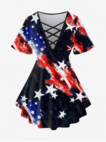 Plus Size American Flag Print Crisscross Short Sleeve T-Shirt - RED - S | US 8