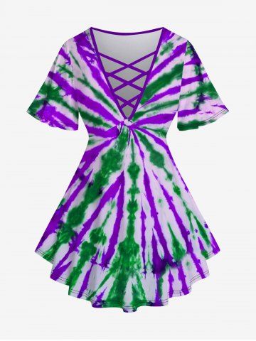 Plus Size Tie Dye Print Crisscross V Neck Short Sleeve T-Shirt - PURPLE - 2X | US 18-20