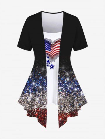 T-shirt Brillant 3D Drapeau Américain Imprimé de Grande Taille Fausse Deux Pièces - BLACK - S | US 8