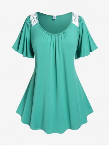 Plus Size Lace Trim Ruched Short Sleeve T-Shirt - GREEN - 2X | US 18-20