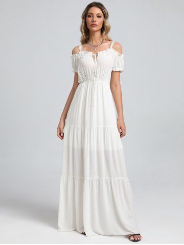 Gothic Off The Shoulder Frilled Tie Tiered Maxi Wedding Dress (Adjustable Straps) - WHITE - 4X | US 26-28