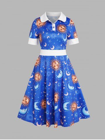 Celestial Sun Moon Star Allover Print Colorblock Vintage Dress - BLUE - S