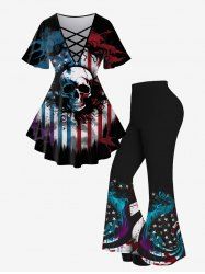 Gothic Skull American Flag Printed Crisscross Short Sleeve T-Shirt and Flare Pants Outfit -  