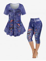 3D Butterfly American Flag Pockets Buttons Denim Print T-Shirt and Capri Jeggings Plus Size Outfits -  