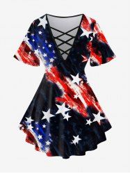 Plus Size American Flag Print Crisscross Short Sleeve T-Shirt -  