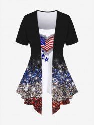 Plus Size 3D Sparkling Sequin American Flag Print Faux Two Piece T-Shirt -  
