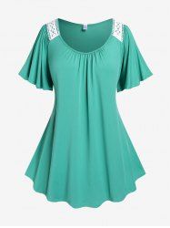 Plus Size Lace Trim Ruched Short Sleeve T-Shirt -  