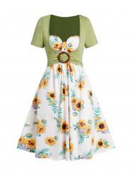 Sunflower Print Short Sleeve Faux Twinset Mini Dress -  