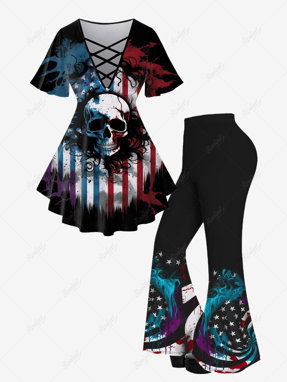 Unique Gothic Skull American Flag Printed Crisscross Short Sleeve T-Shirt and Flare Pants Outfit  