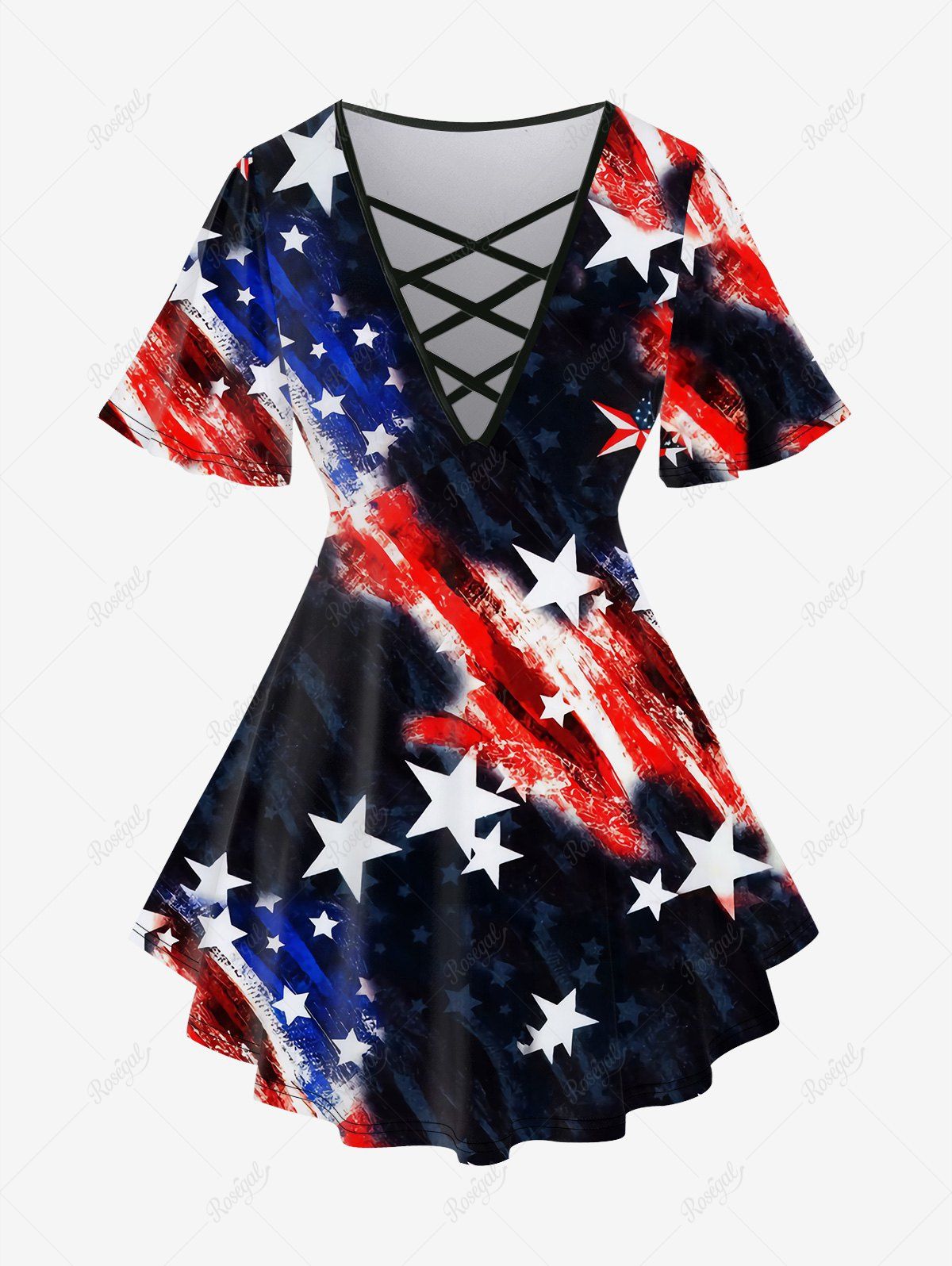 Fancy Plus Size American Flag Print Crisscross Short Sleeve T-Shirt  
