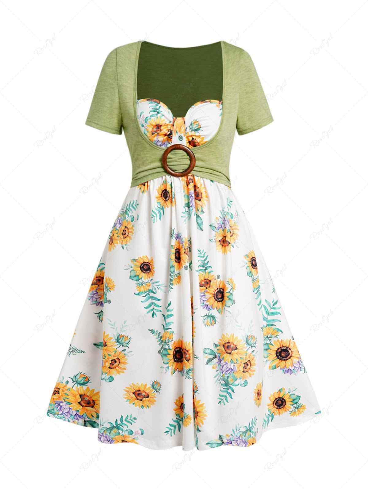 Chic Sunflower Print Short Sleeve Faux Twinset Mini Dress  