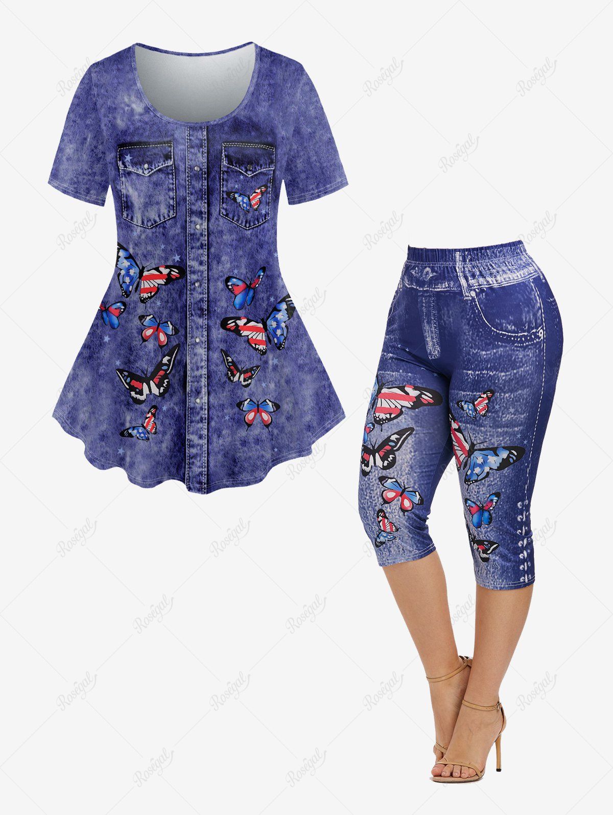 Fancy 3D Butterfly American Flag Pockets Buttons Denim Print T-Shirt and Capri Jeggings Plus Size Outfits  