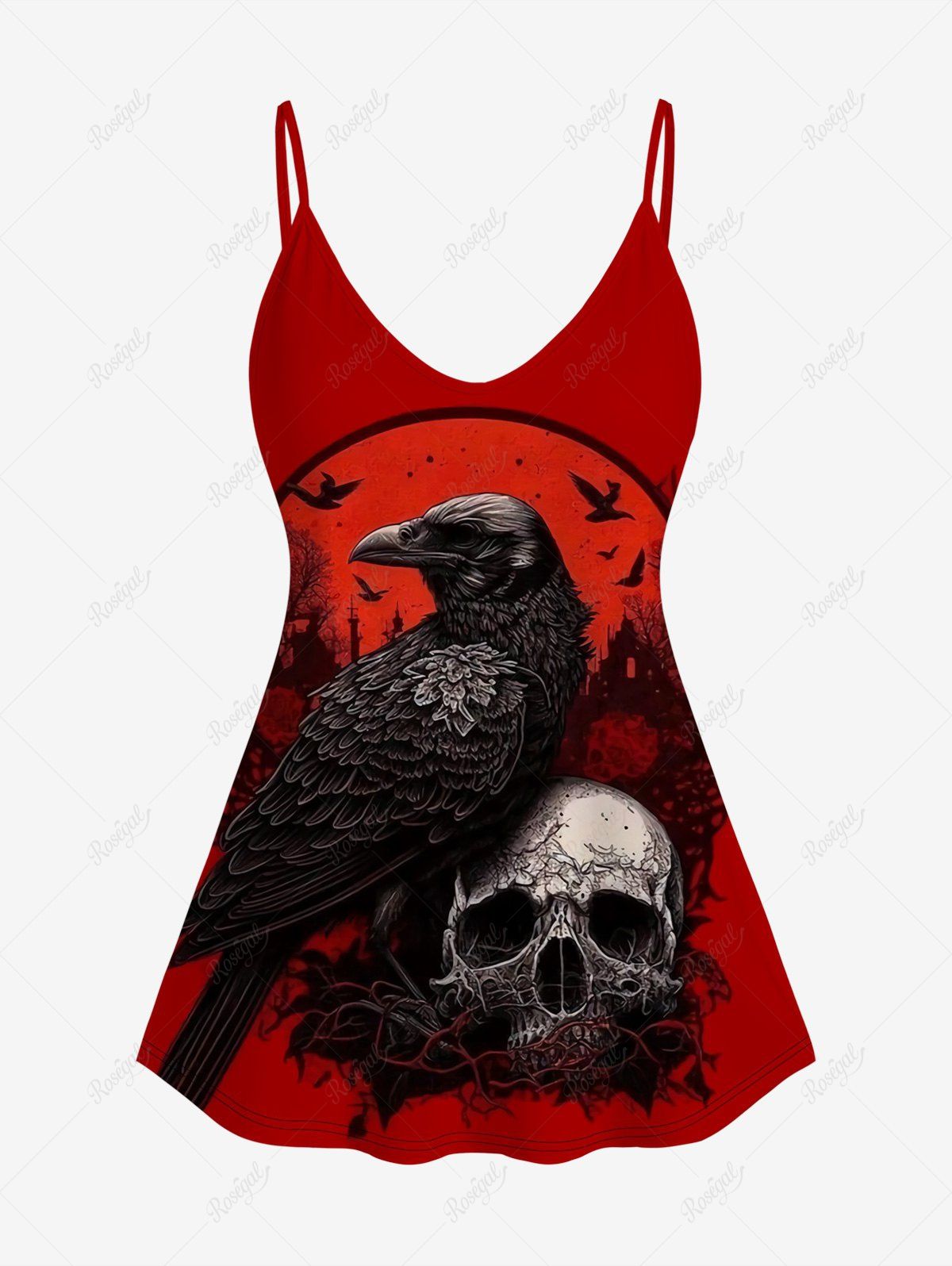 Haut à Bretelles Réglable Gothique Imprimé Crâne et Oiseaux (Épaules Dénudées) Rouge 3X | US 22-24
