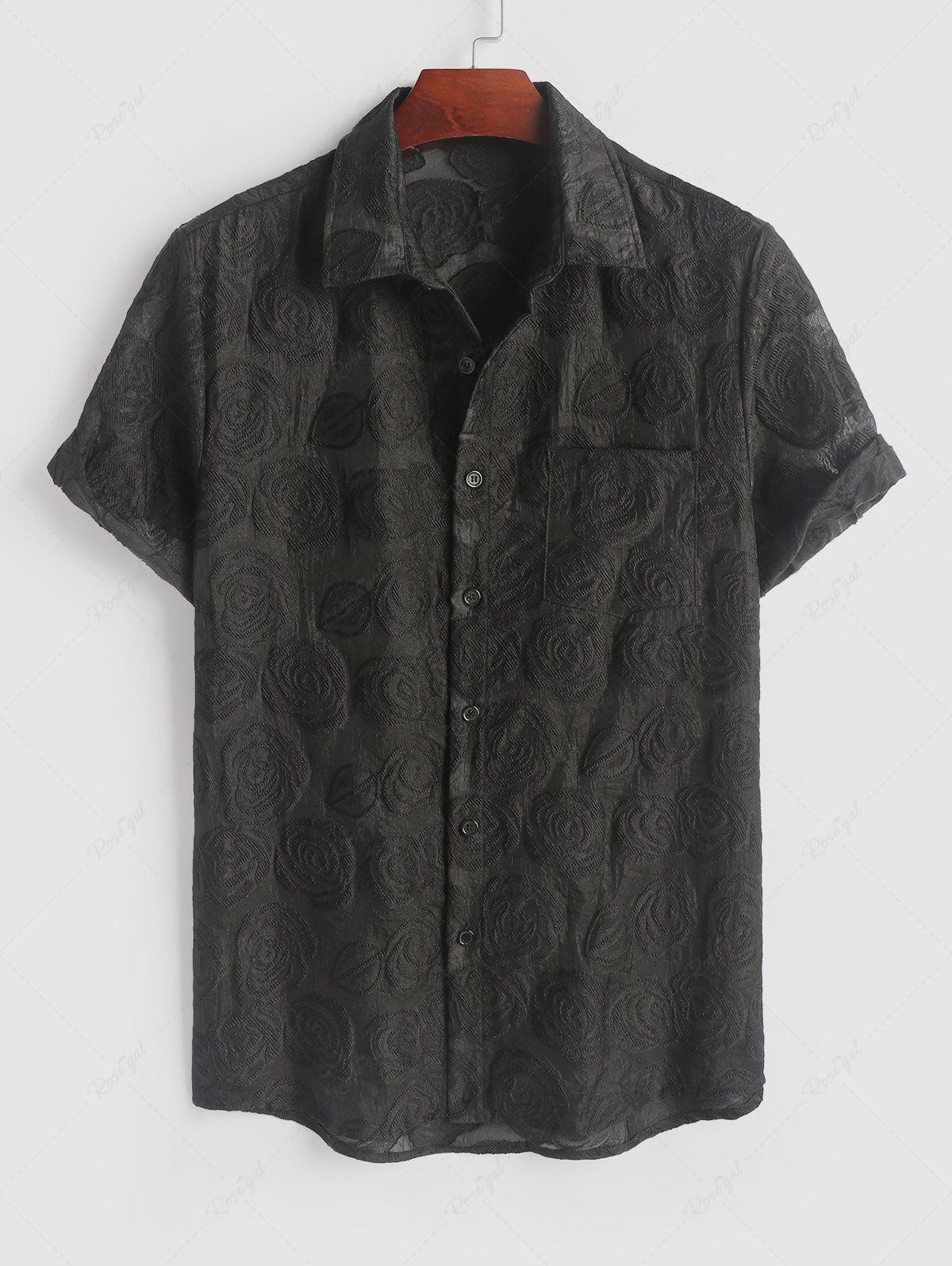 Shop Rose Jacquard See-through Design Short Sleeves Shirt  