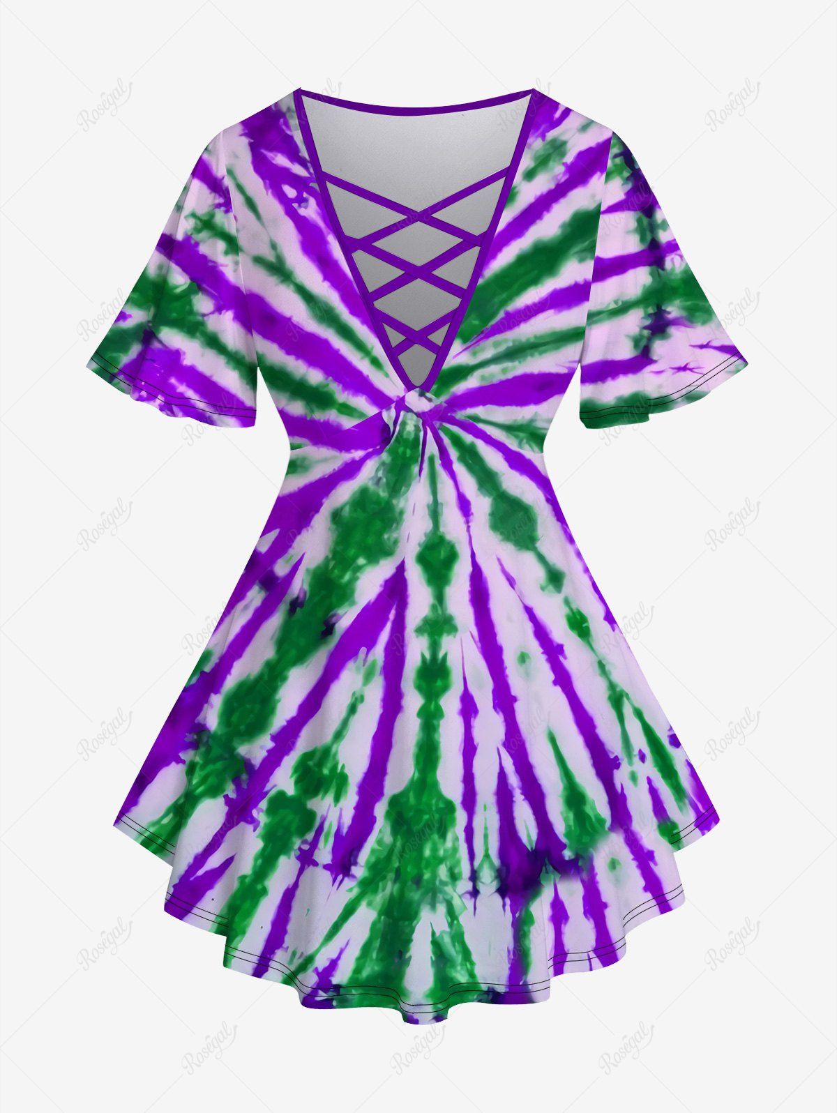 Fashion Plus Size Tie Dye Print Crisscross V Neck Short Sleeve T-Shirt  