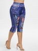 3D Butterfly American Flag Pockets Buttons Denim Print T-Shirt and Capri Jeggings Plus Size Outfits -  