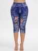 3D Butterfly American Flag Pockets Buttons Denim Print T-Shirt and Capri Jeggings Plus Size Outfits -  