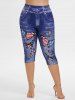 3D Butterfly American Flag Pockets Buttons Denim Print T-Shirt and Capri Jeggings Plus Size Outfits -  