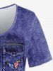 3D Butterfly American Flag Pockets Buttons Denim Print T-Shirt and Capri Jeggings Plus Size Outfits -  