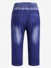 3D Butterfly American Flag Pockets Buttons Denim Print T-Shirt and Capri Jeggings Plus Size Outfits -  