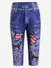 3D Butterfly American Flag Pockets Buttons Denim Print T-Shirt and Capri Jeggings Plus Size Outfits -  