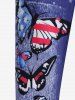 3D Butterfly American Flag Pockets Buttons Denim Print T-Shirt and Capri Jeggings Plus Size Outfits -  